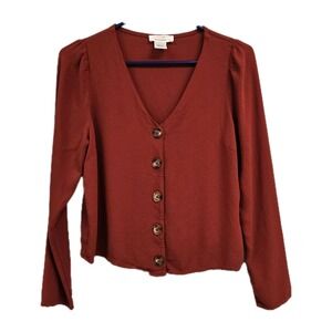 Boho Peasant Puff Sleeve Urban Romantics Med V Neck Button Up Blouse Rust Flawed